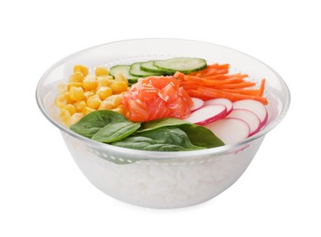 Delicious salad with salmon, vegetables and rice in bowl isolated on white