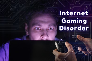 Image of Internet gaming disorder. Double exposure with photos of man using computer at night and guy using gamepad