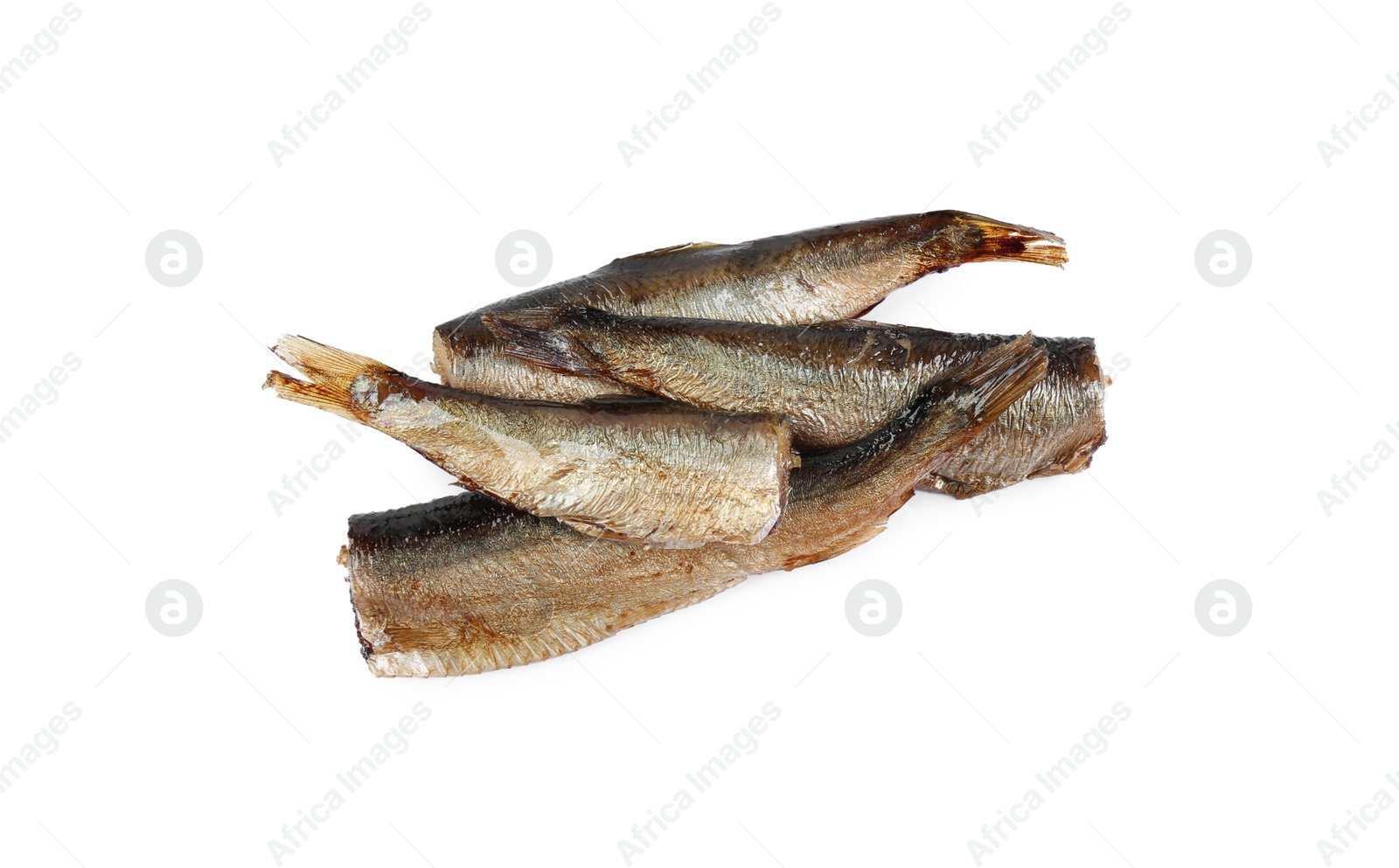 Photo of Tasty canned sprats isolated on white, top view