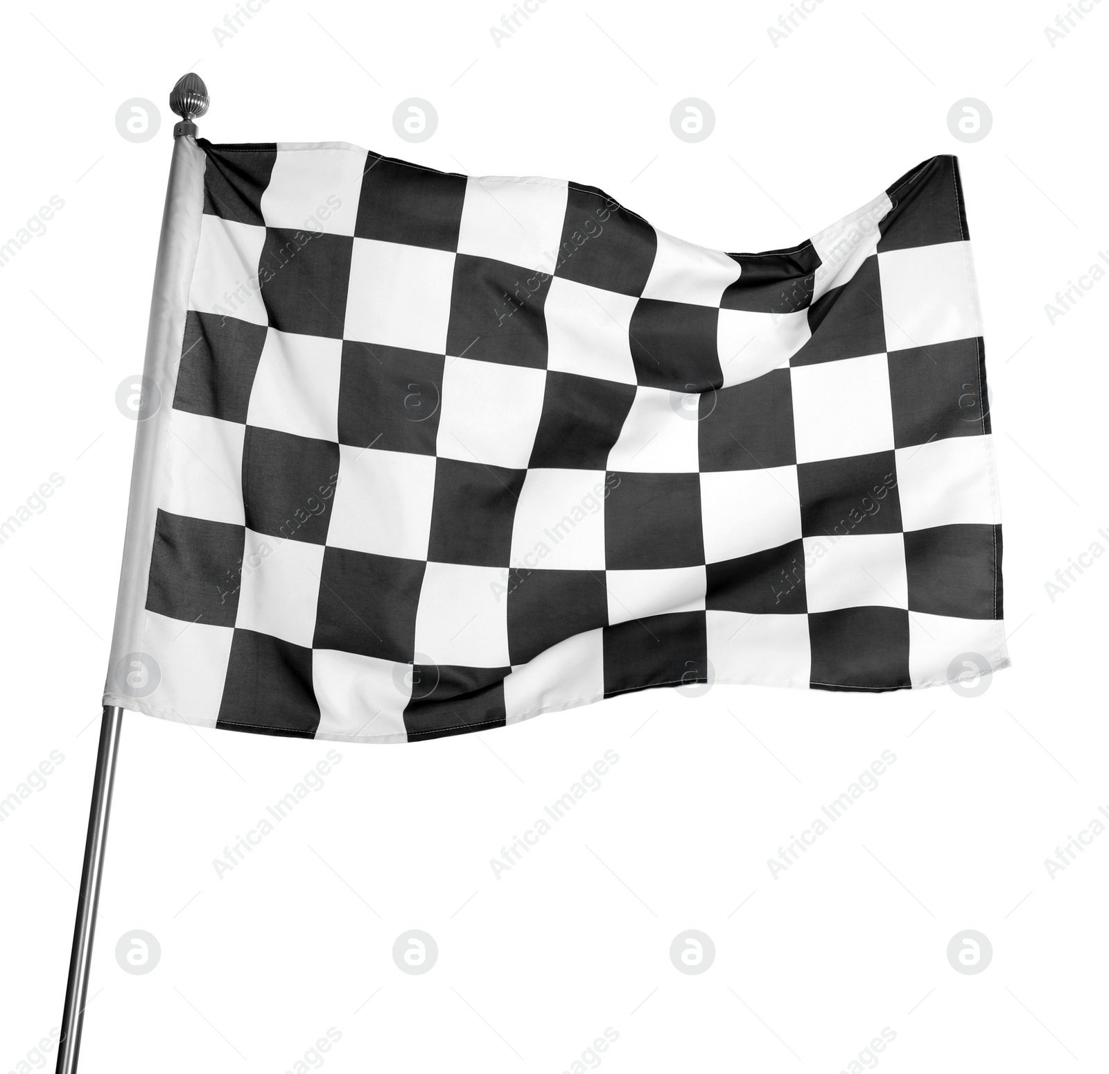 Photo of Checkered finish flag on white background. Auto racing symbol