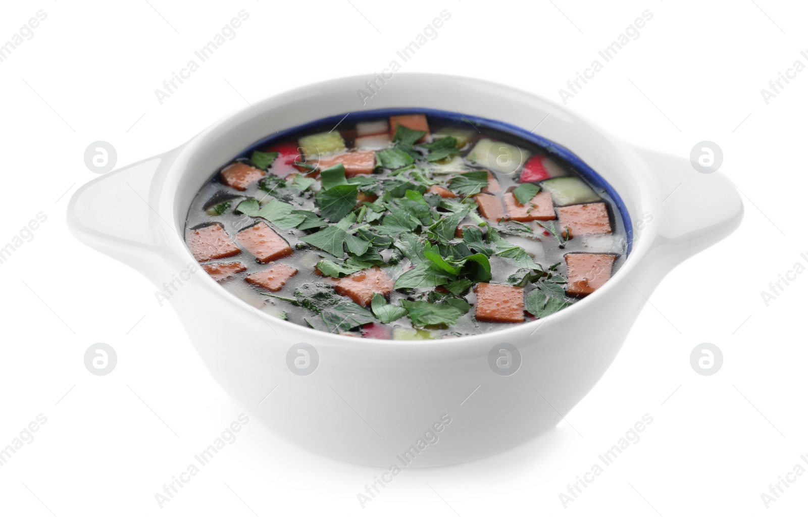 Photo of Delicious cold okroshka with kvass isolated on white. Traditional Russian summer soup