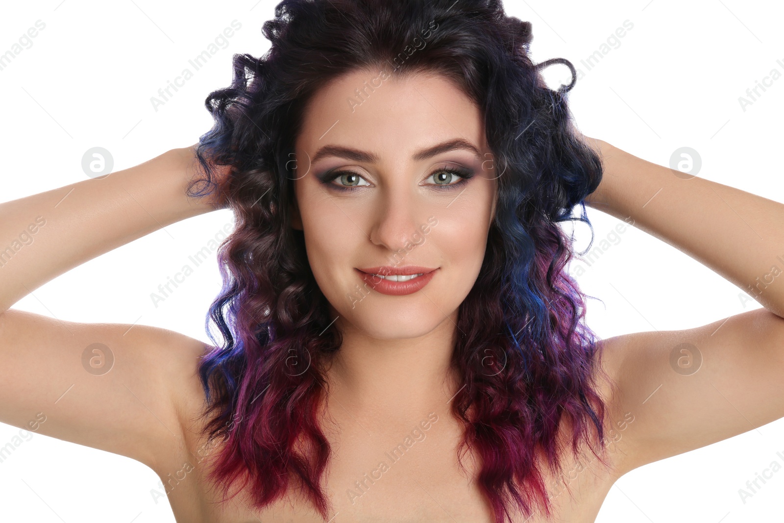 Photo of Young woman with bright dyed hair on white background