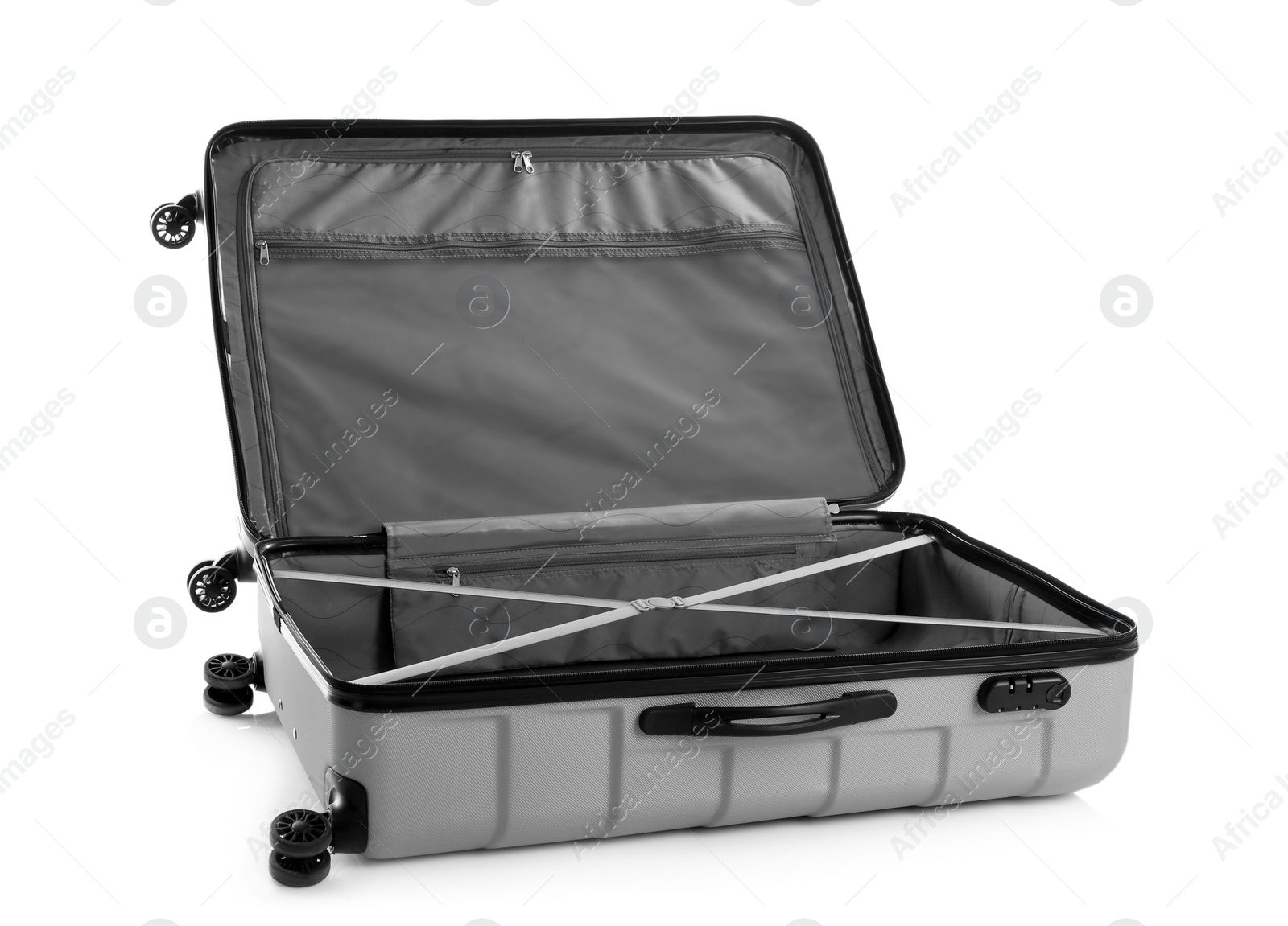 Photo of Open suitcase for travelling on white background