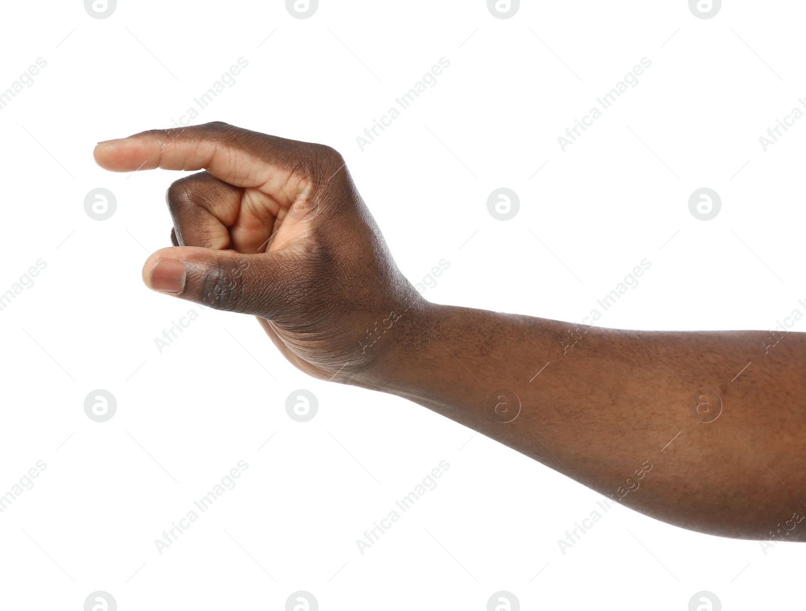 Photo of African-American man holding something in hand on white background, closeup