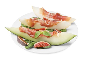 Plate with tasty melon, jamon, figs and spinach isolated on white