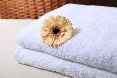 Photo of Stacked terry towels and flower on white table, closeup. Space for text