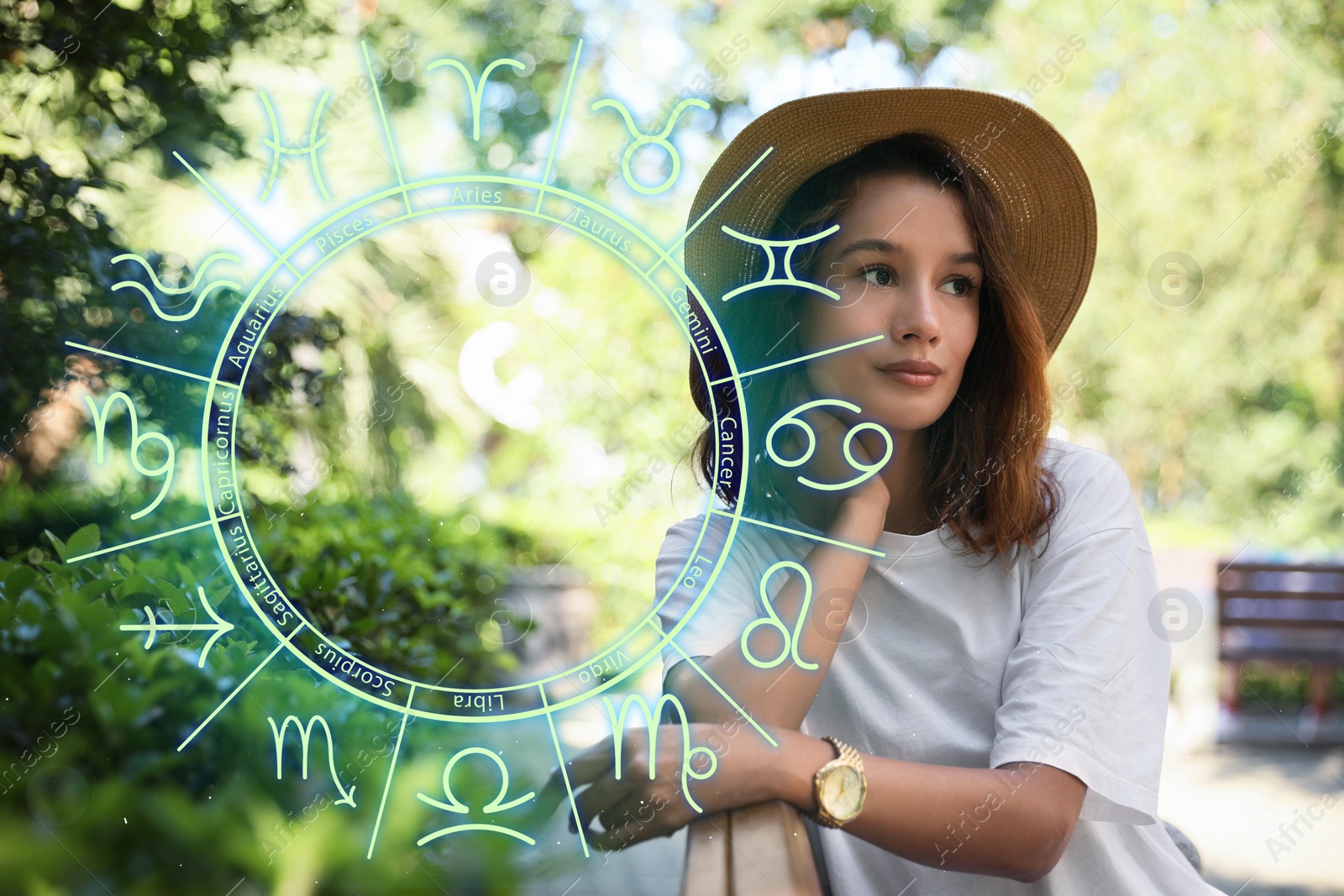 Image of Beautiful young woman outdoors and zodiac wheel illustration