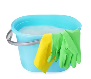 Photo of Blue bucket with rag and gloves isolated on white