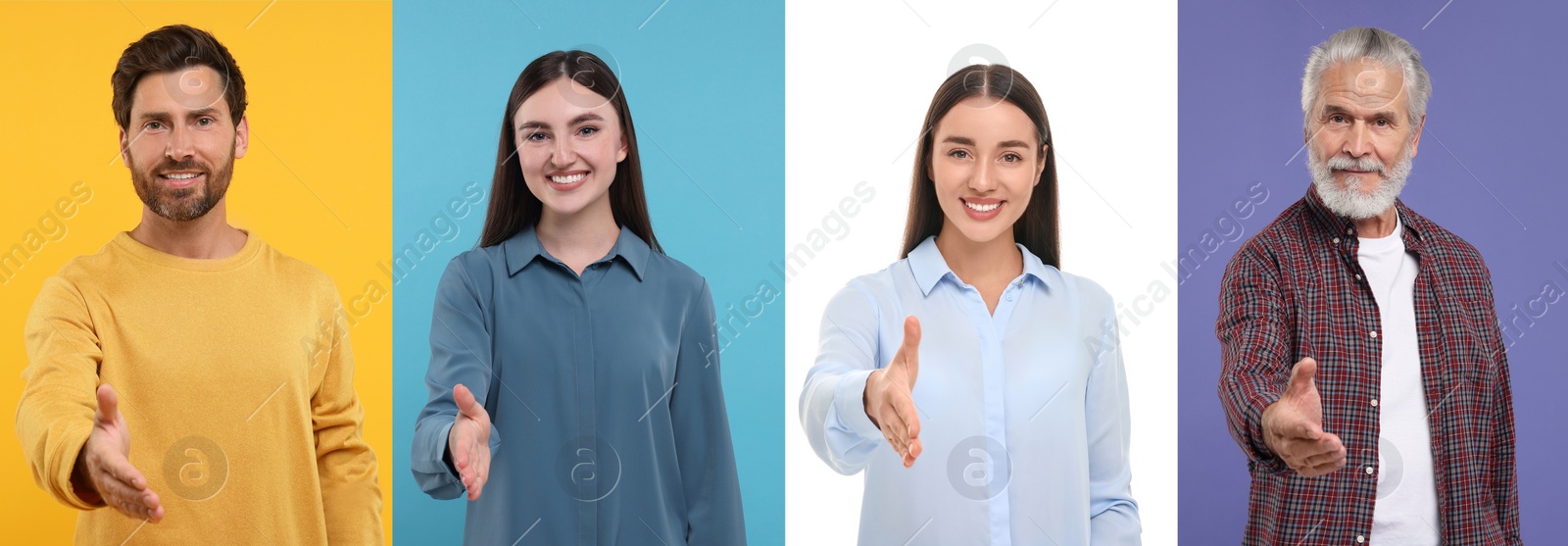 Image of People welcoming on different color backgrounds, collage with photos