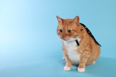 Photo of Cute ginger cat wearing cloak on light blue background, space for text