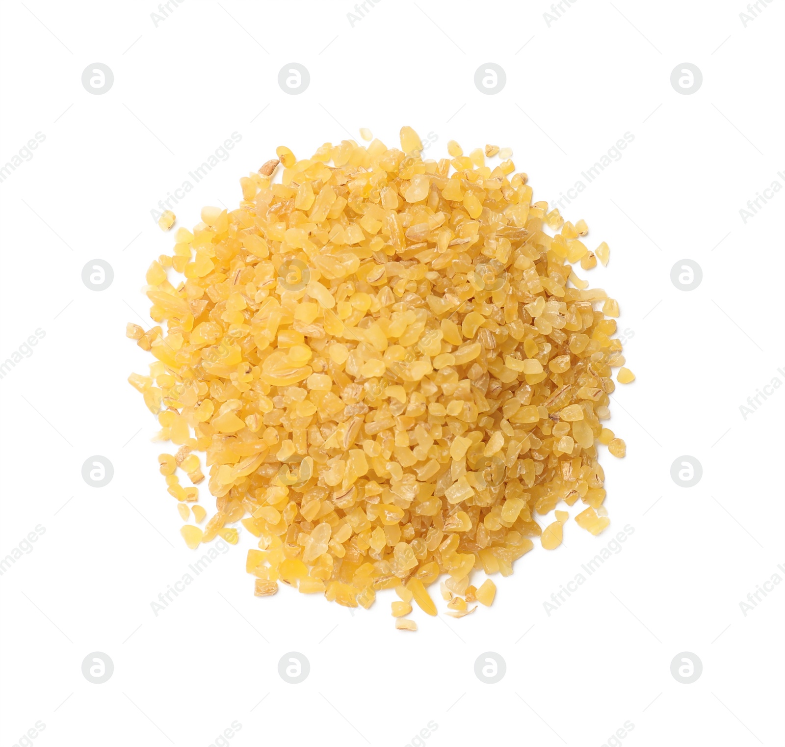 Photo of Pile of raw bulgur isolated on white, top view