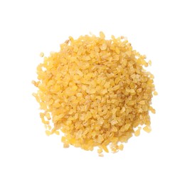 Pile of raw bulgur isolated on white, top view