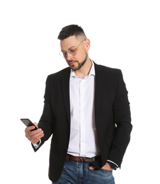 Businessman in glasses with smartphone on white background