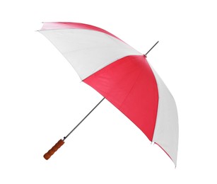 Photo of One open colorful umbrella isolated on white