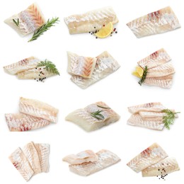 Image of Pieces of raw cod fish isolated on white, set