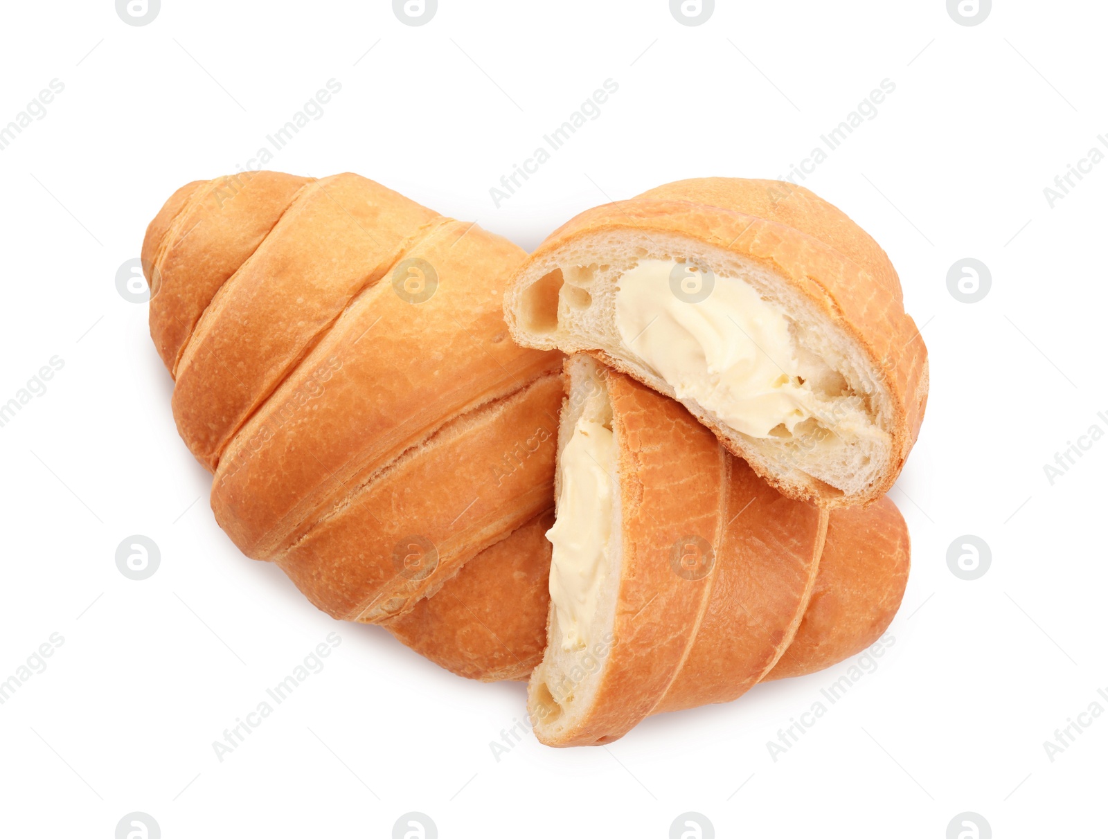 Photo of Delicious croissants with cream on white background, top view