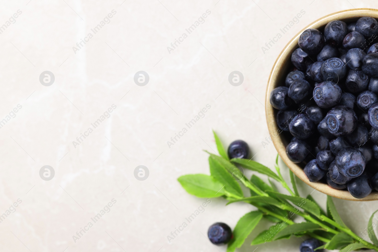 Photo of Bowl of tasty fresh bilberries and green leaves on white table, flat lay. Space for text