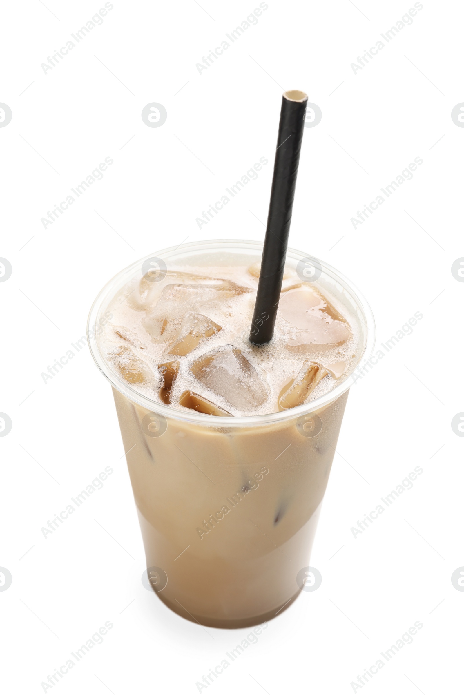 Photo of Takeaway plastic cup with cold coffee drink and straw isolated on white