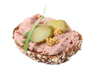 Photo of Delicious liverwurst sandwich with cucumber, mustard and arugula isolated on white