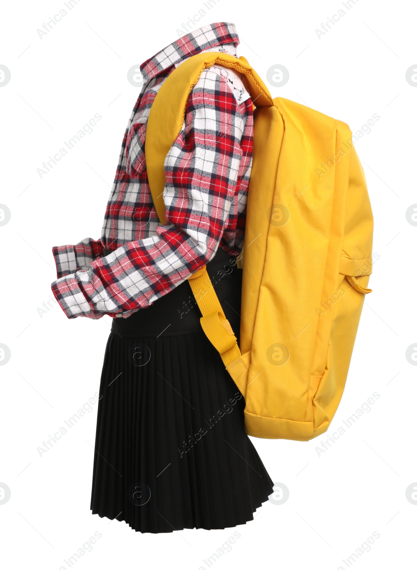 Image of School uniform for girl and backpack on white background