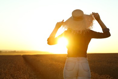 Woman wearing straw hat in ripe wheat field on sunny day, back view. Space for text