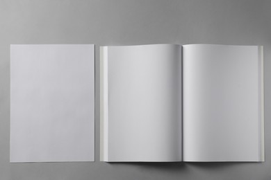 Photo of Paper sheet and open blank brochure on light grey background, flat lay