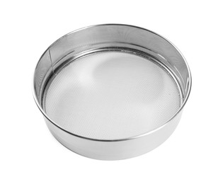 One metal sieve isolated on white. Kitchen utensil