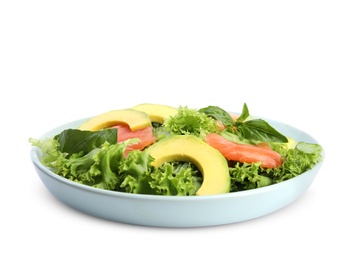 Delicious avocado salad with salmon on white background