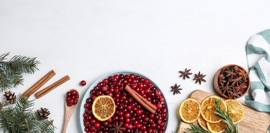 Flat lay composition with fresh ripe cranberries on white wooden table, space for text. Banner design