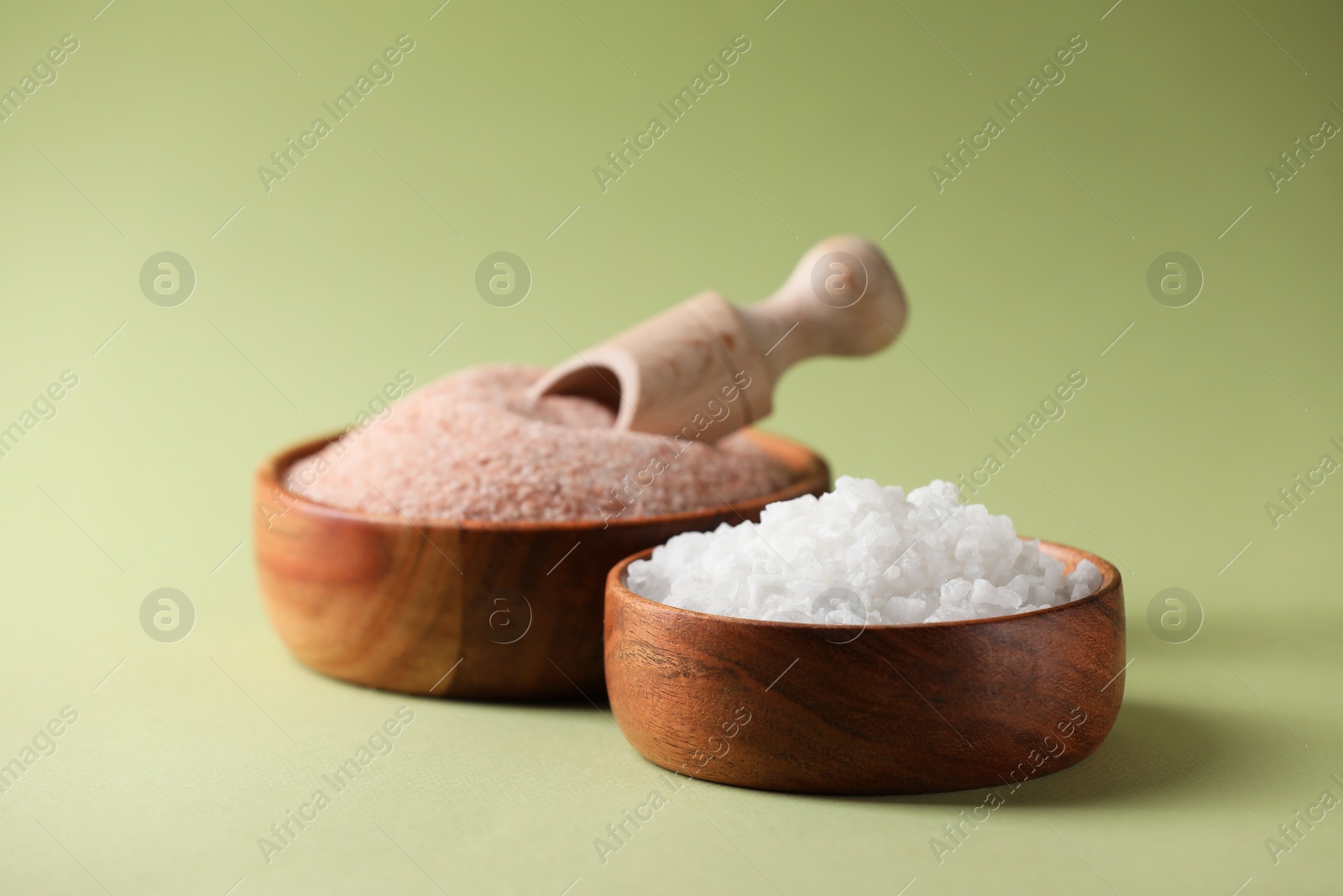 Photo of Different salt in bowls and scoop on green background