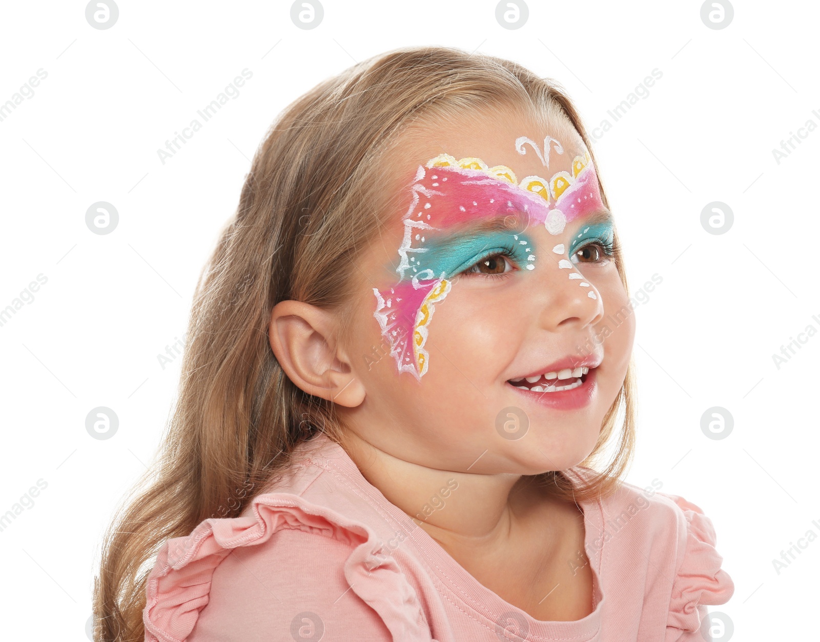 Photo of Cute little girl with face painting on white background