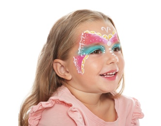 Cute little girl with face painting on white background