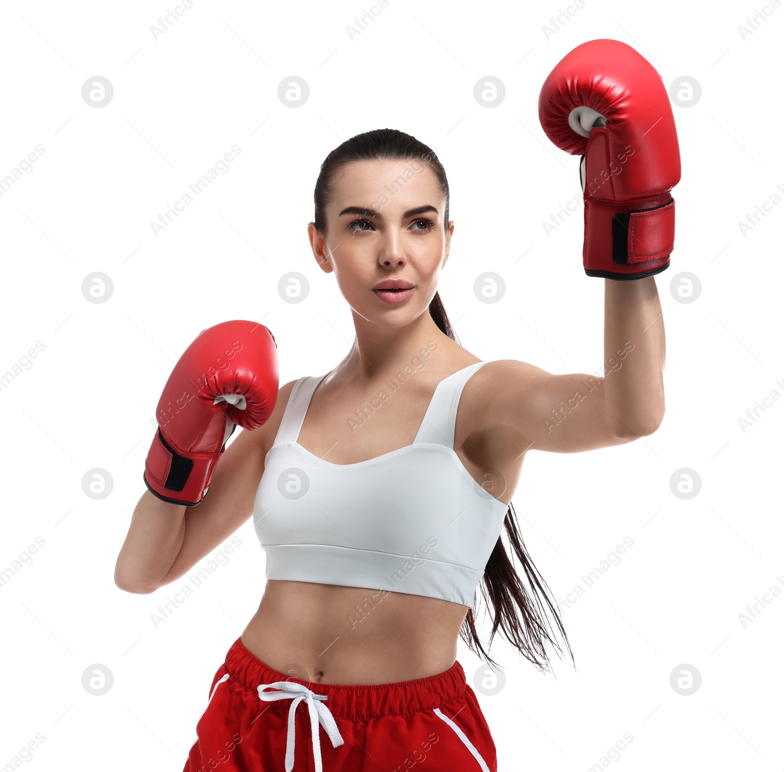 Photo of Beautiful woman in boxing gloves training on white background
