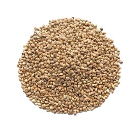 Pile of hemp seeds on white background, top view