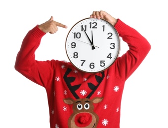 Man with clock on white background. Christmas countdown