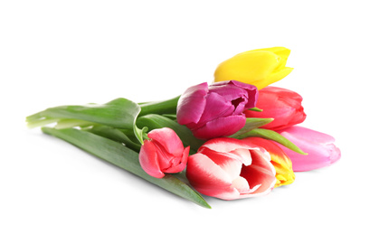 Photo of Beautiful bright spring tulips on white background