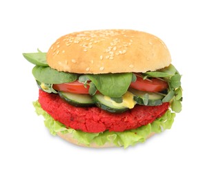 Tasty vegan burger with vegetables, patty and microgreens isolated on white