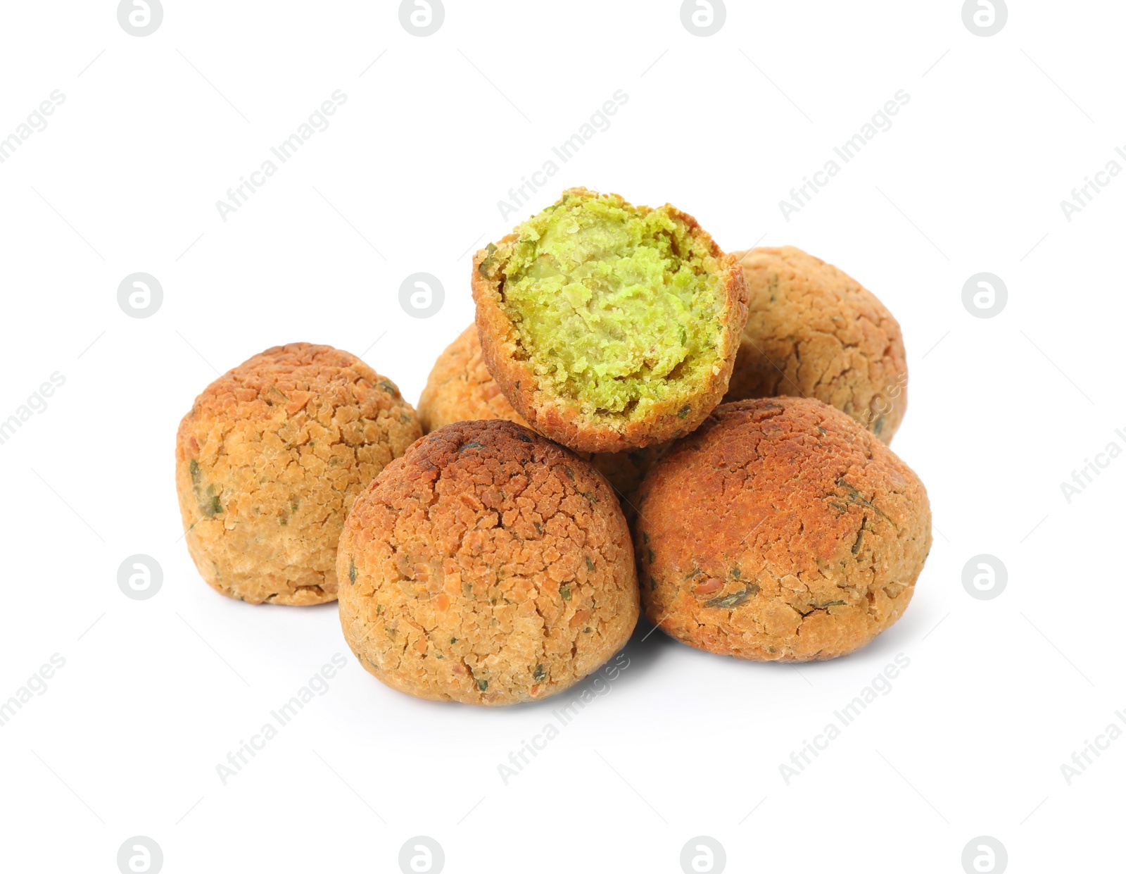 Photo of Pile of delicious falafel balls on white background