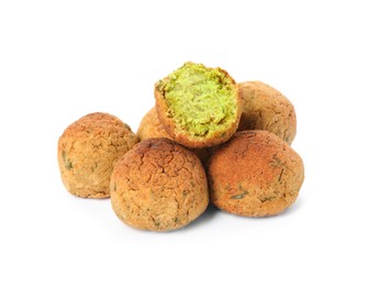 Photo of Pile of delicious falafel balls on white background