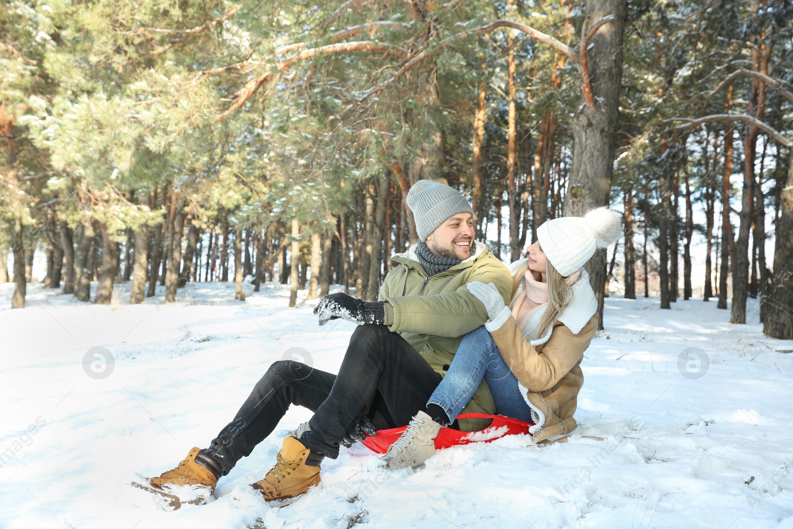 Photo of Happy couple sleighing outdoors on winter day