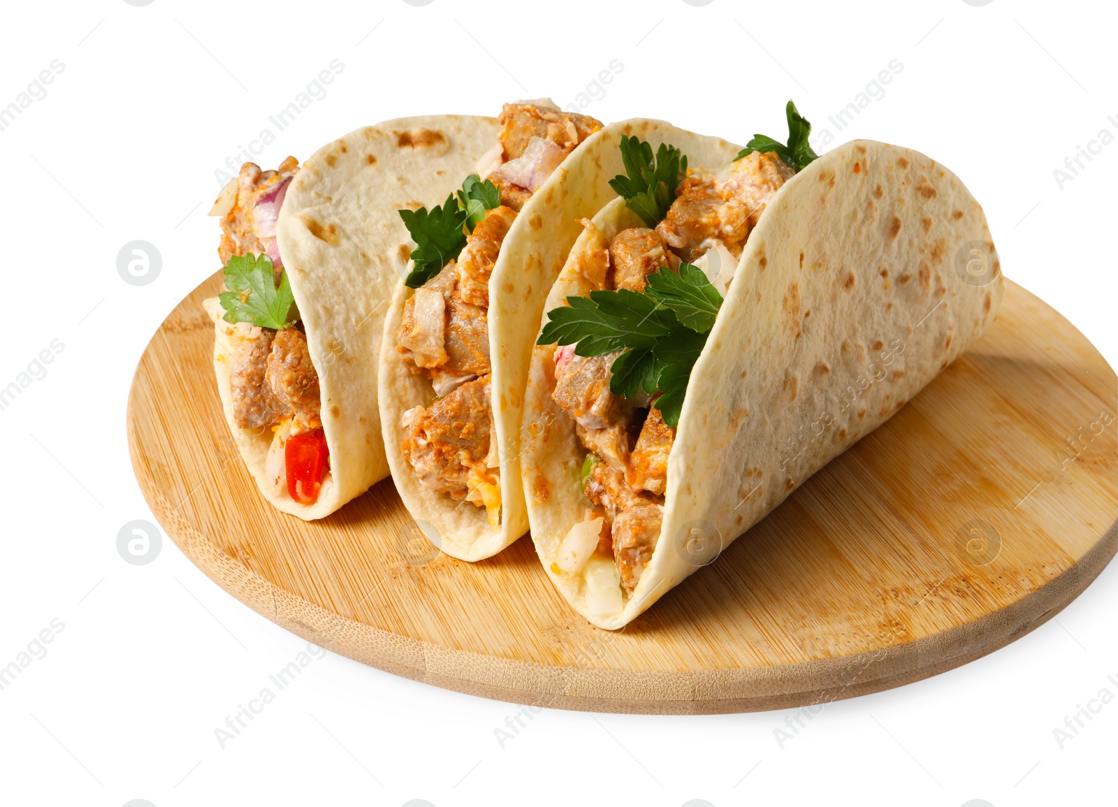 Photo of Delicious tacos with meat and parsley isolated on white