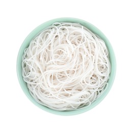 Photo of Bowl with cooked rice noodles isolated on white, top view
