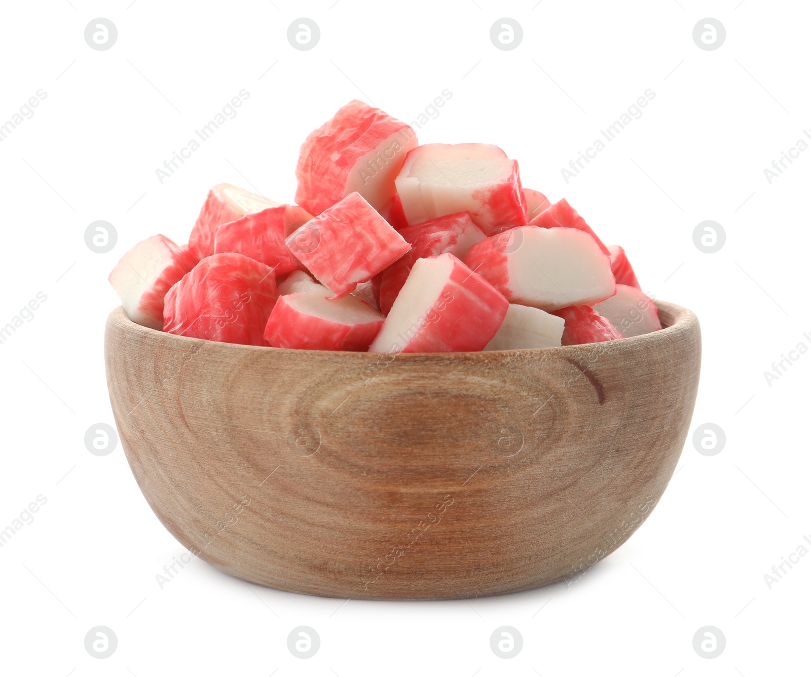 Photo of Cut crab sticks in wooden bowl on white background