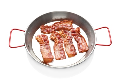 Photo of Dish with fried bacon on white background