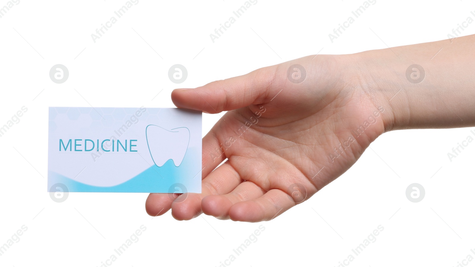 Photo of Woman holding business card isolated on white, closeup. Dental medical service