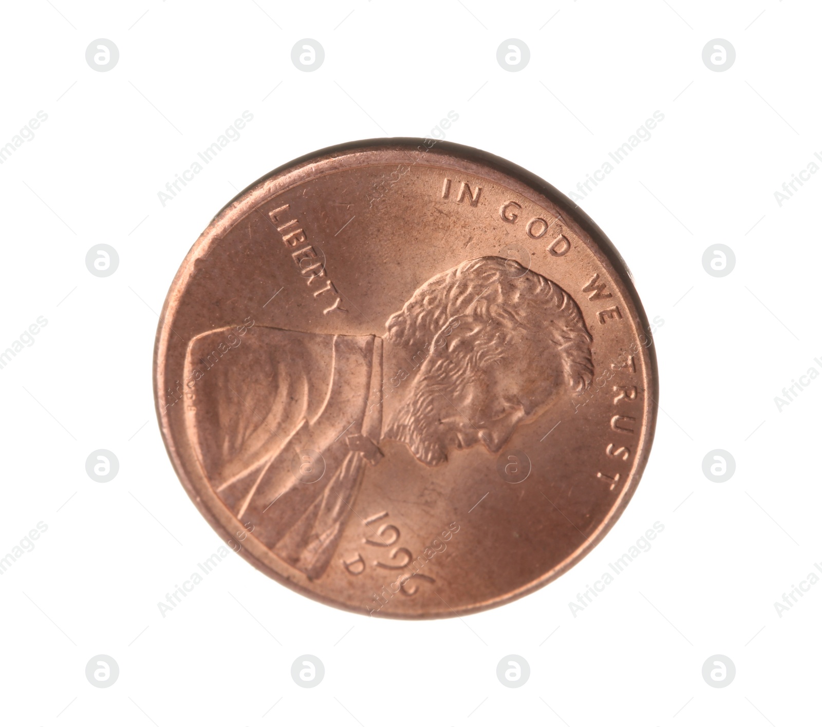 Photo of United States one cent coin on white background