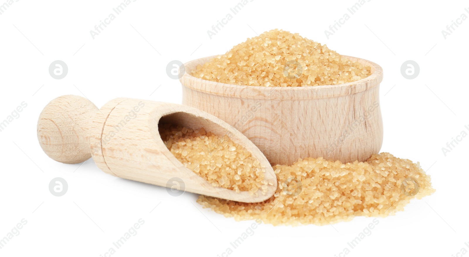 Photo of Brown sugar in bowl and scoop isolated on white