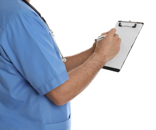 Photo of Doctor with clipboard on white background, closeup