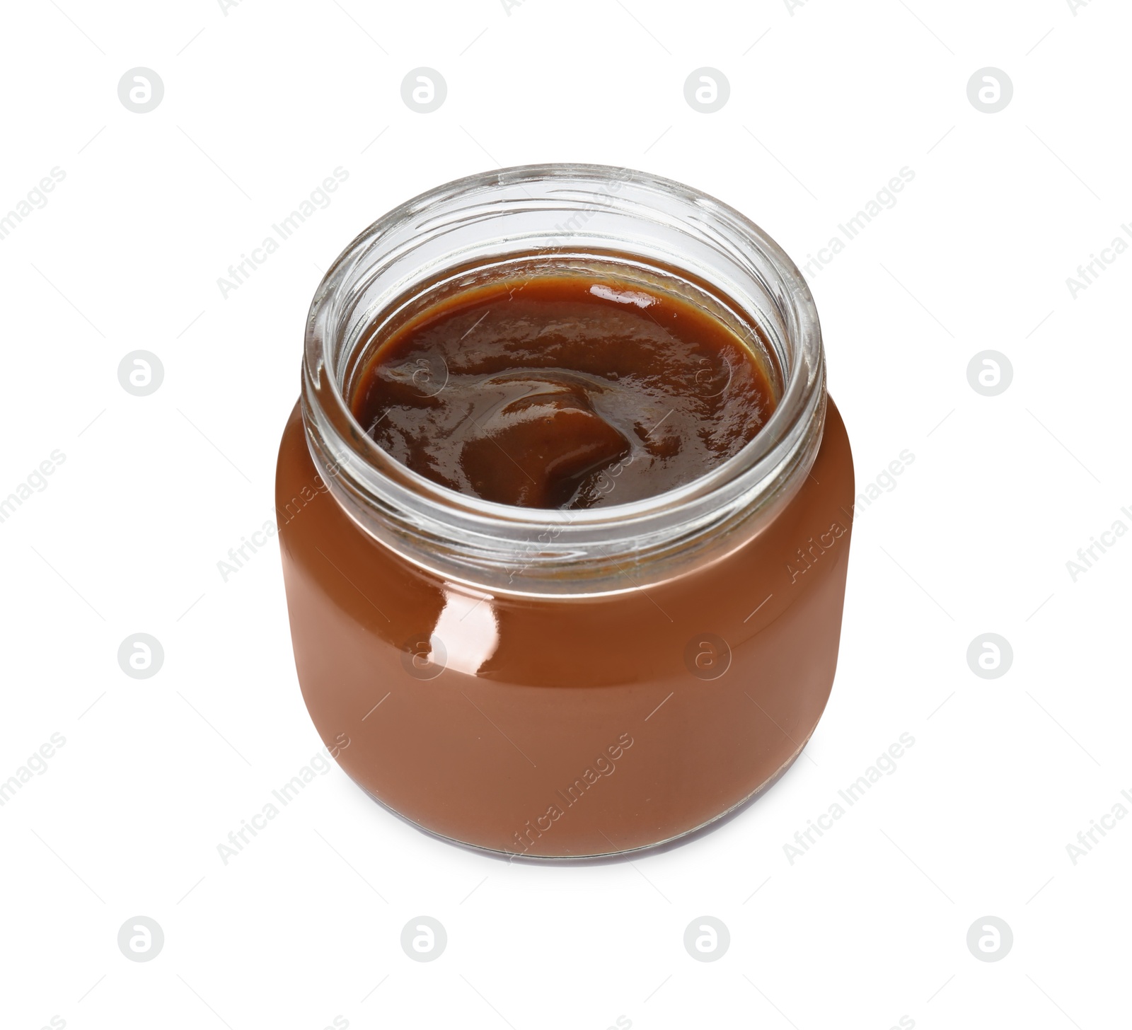 Photo of Baby food. Tasty healthy puree in jar isolated on white