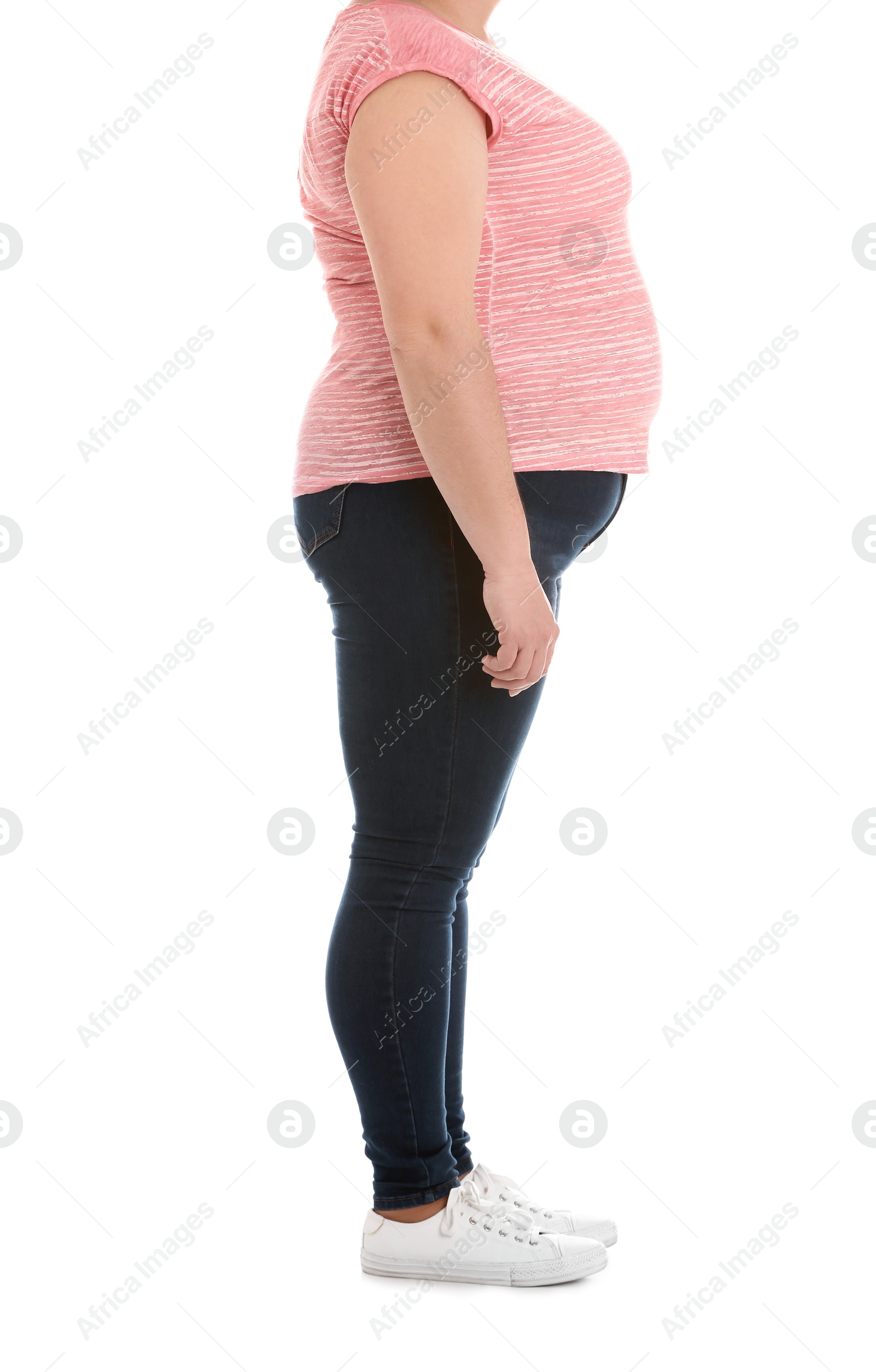 Photo of Overweight woman on white background, closeup. Weight loss